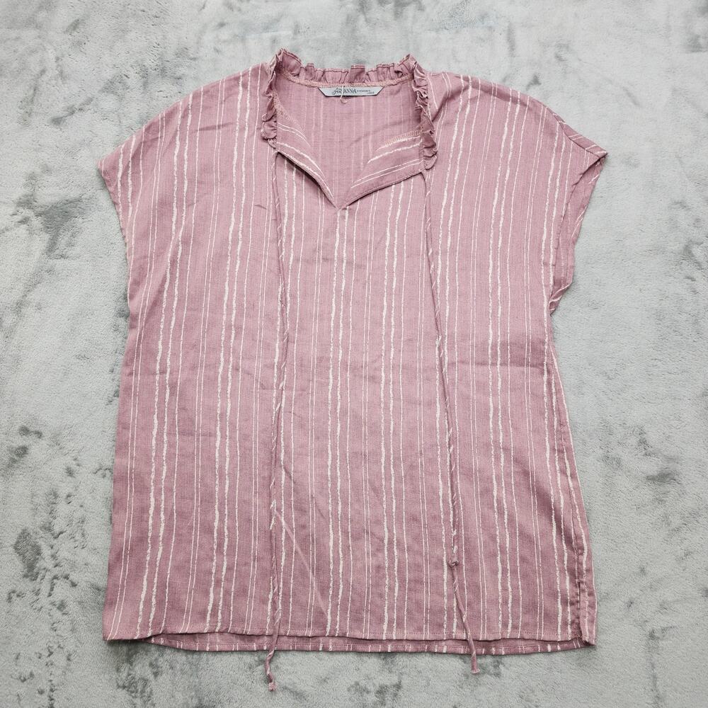Arianna by Howard’s Top Womens L Pink Mauve White Striped Cap Sleeve Ruffle Neck
